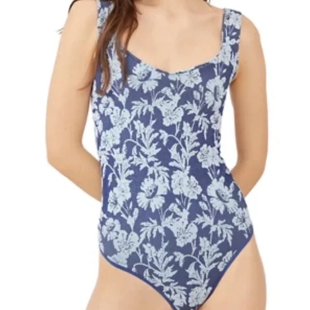 EUC FREE PEOPLE Clean Lines Floral Bodysuit In Indigo Combo- M/L